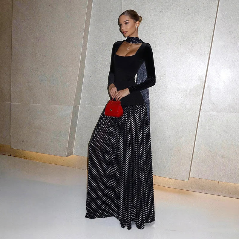 Black Polka-Dot Patchwork Maxi Dress with Scarf Detail