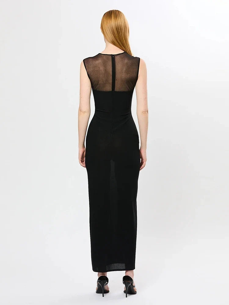 Black Mesh Illusion Bodycon Dress – Irregular Sheer Patchwork