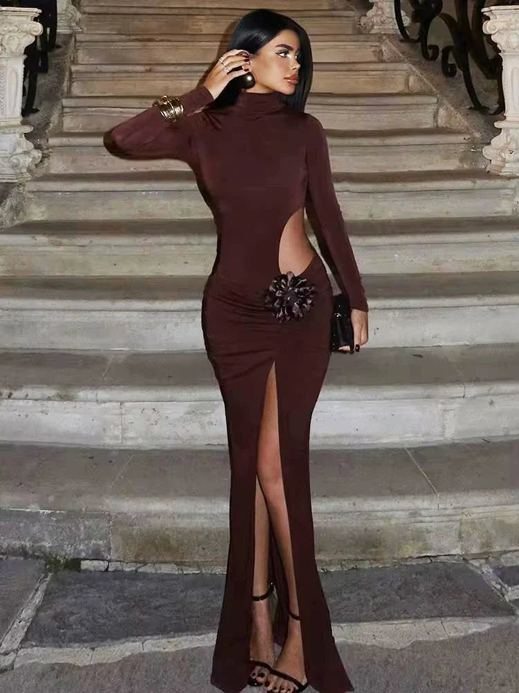 Turtleneck Long Sleeve Thigh High Slit Maxi Dress