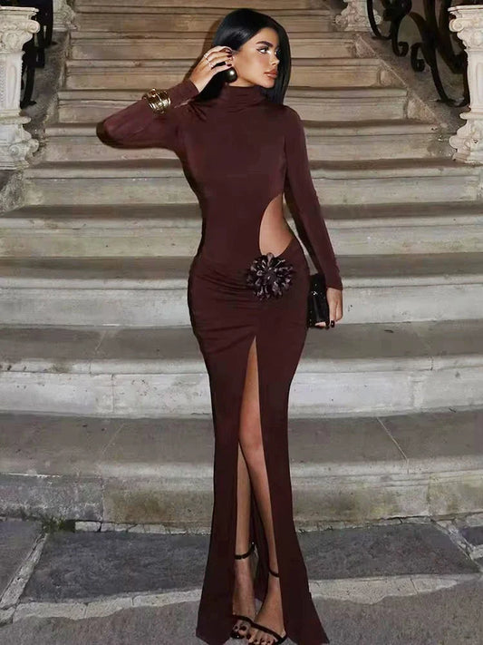 Turtleneck Long Sleeve Thigh High Slit Maxi Dress