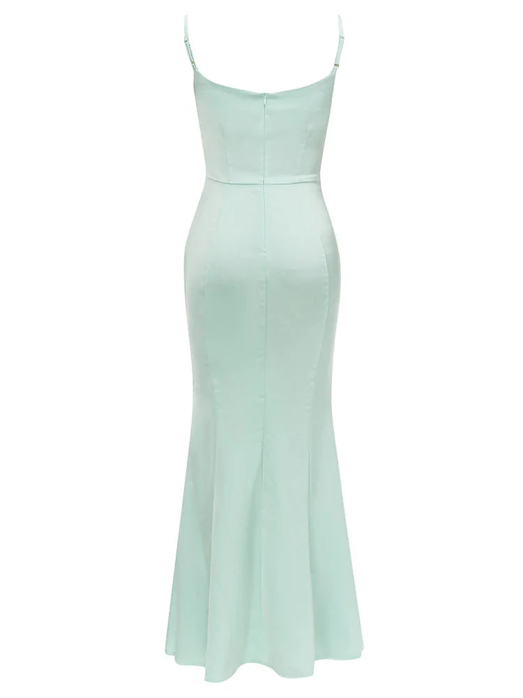 Mint Green Diamond V Neck Dress | Spaghetti Strap Evening Gown