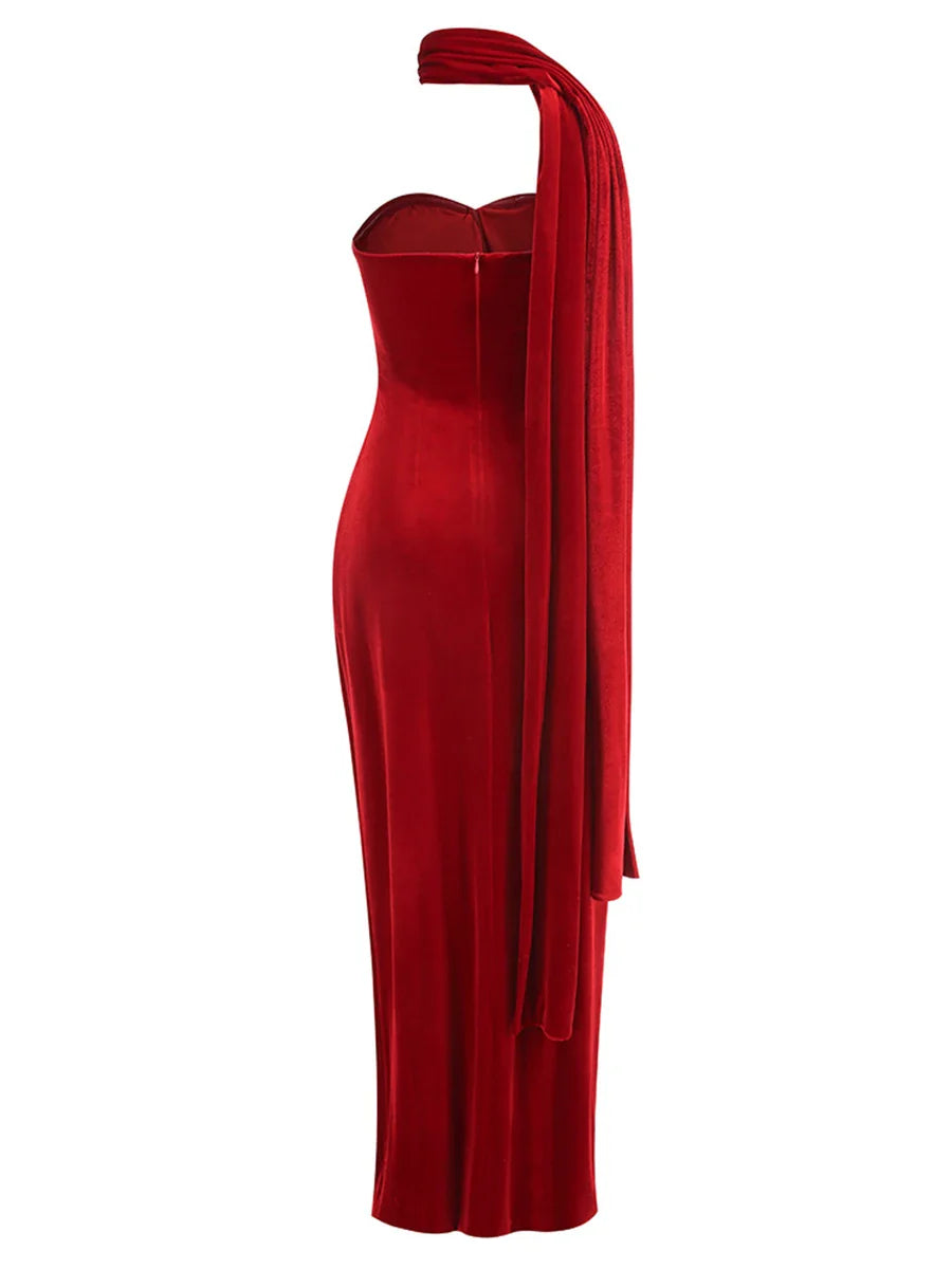 Red Strapless Velvet Slit Maxi Dress with Ribbon Scarf