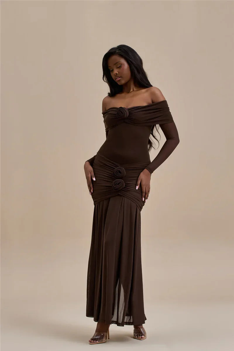 Off-Shoulder Rose Ruched Bodycon Maxi Dress