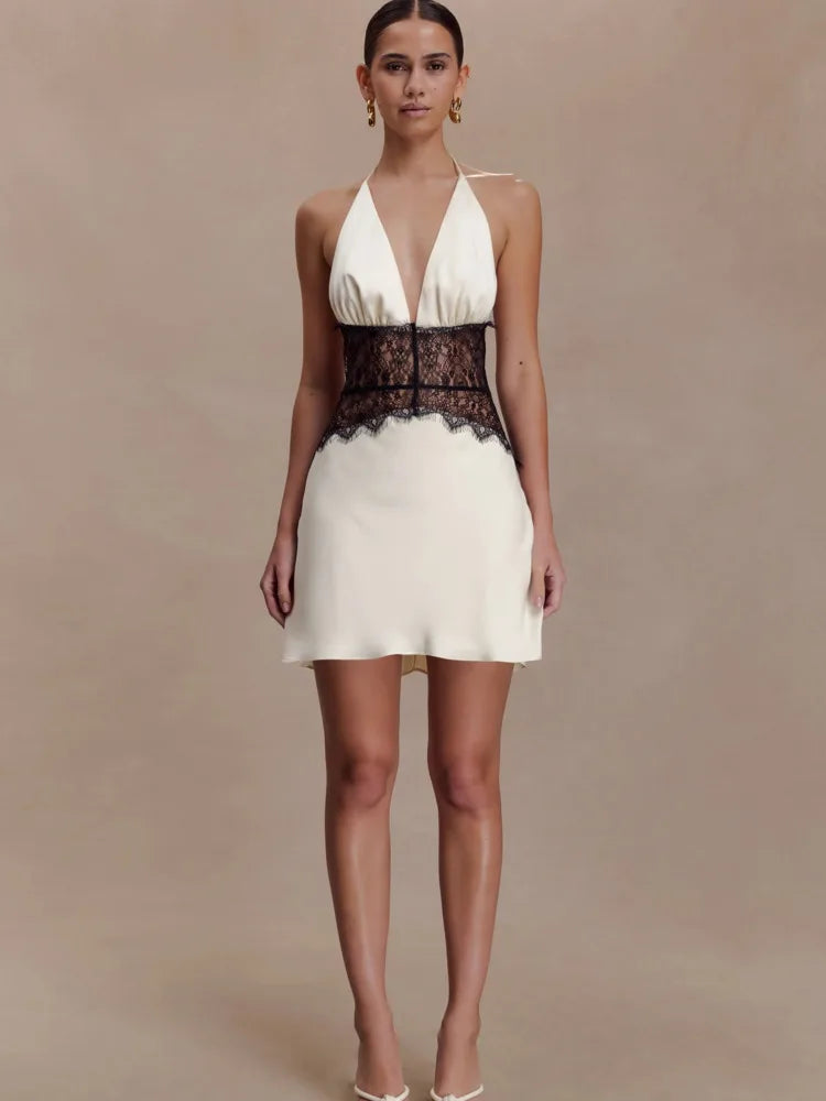 White Satin Lace Patchwork Mini Dress