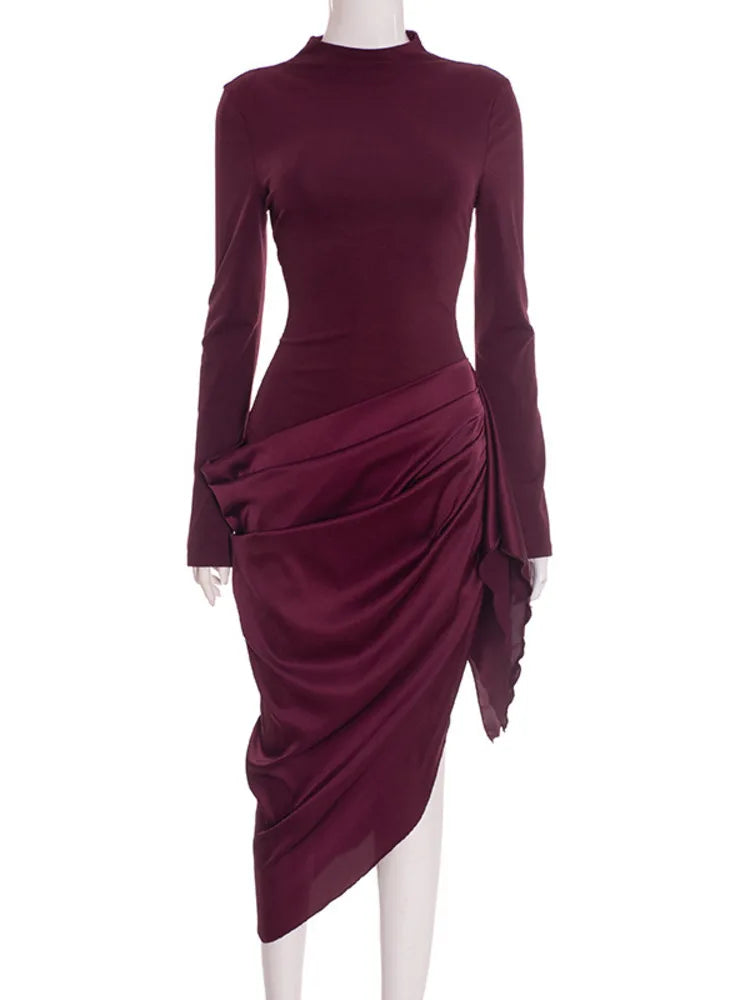 Long Sleeve Ruched Draped Midi Dress