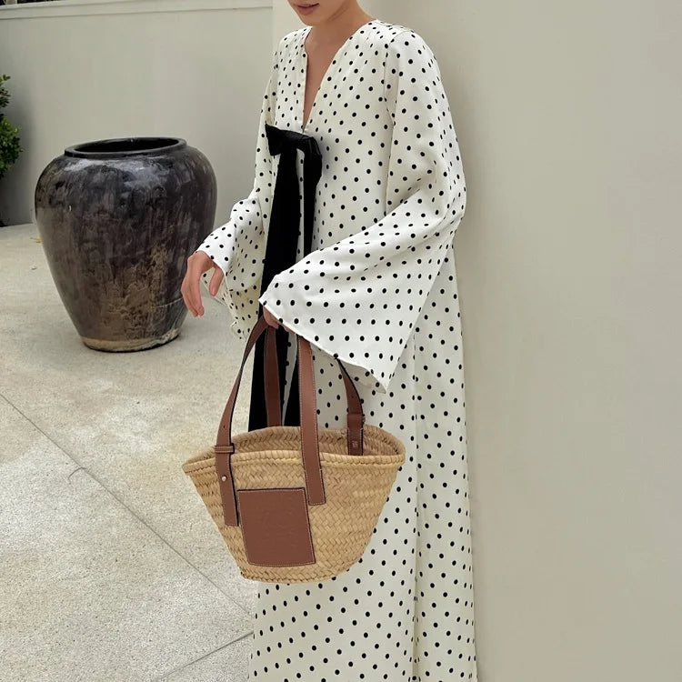 White Polka Dot Bow V-Neck Maxi Dress