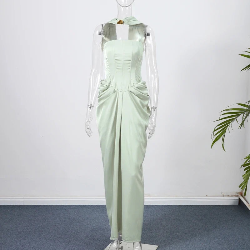 Elegant Strapless Green Evening Dress – Slim Fit Floor-Length Gown for Spring/Summer