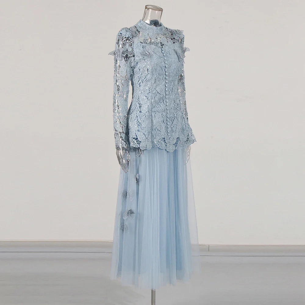 Office Lady A-Line Ankle-Length Dress | Black, White, Blue