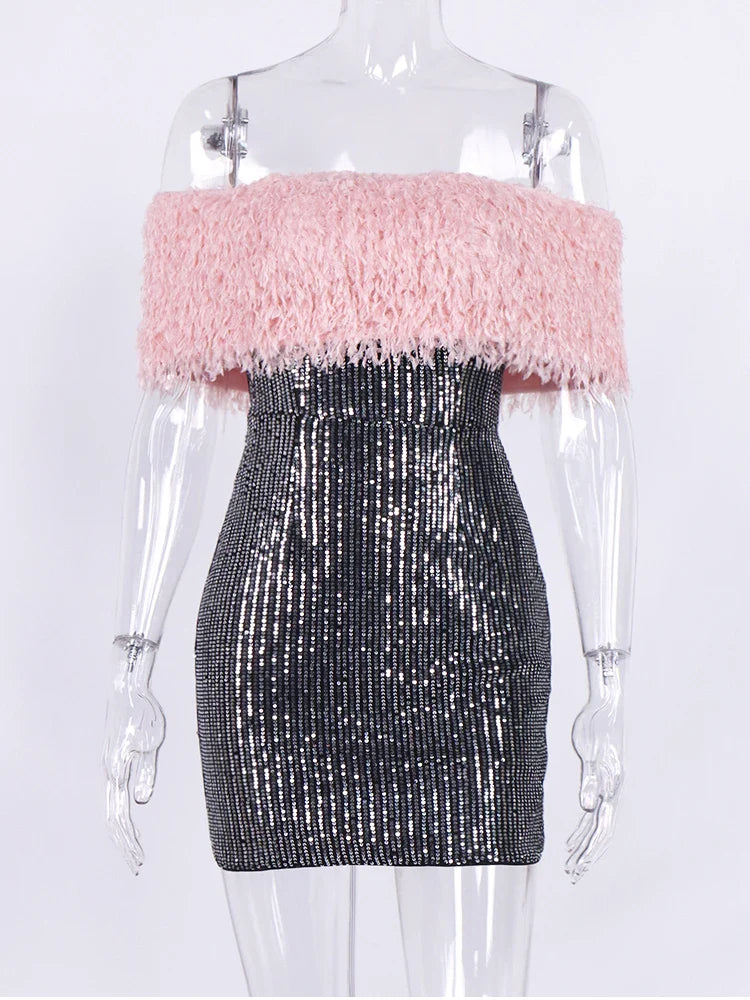 Black Sequin Pink Fur Off-Shoulder Tube Mini Dress
