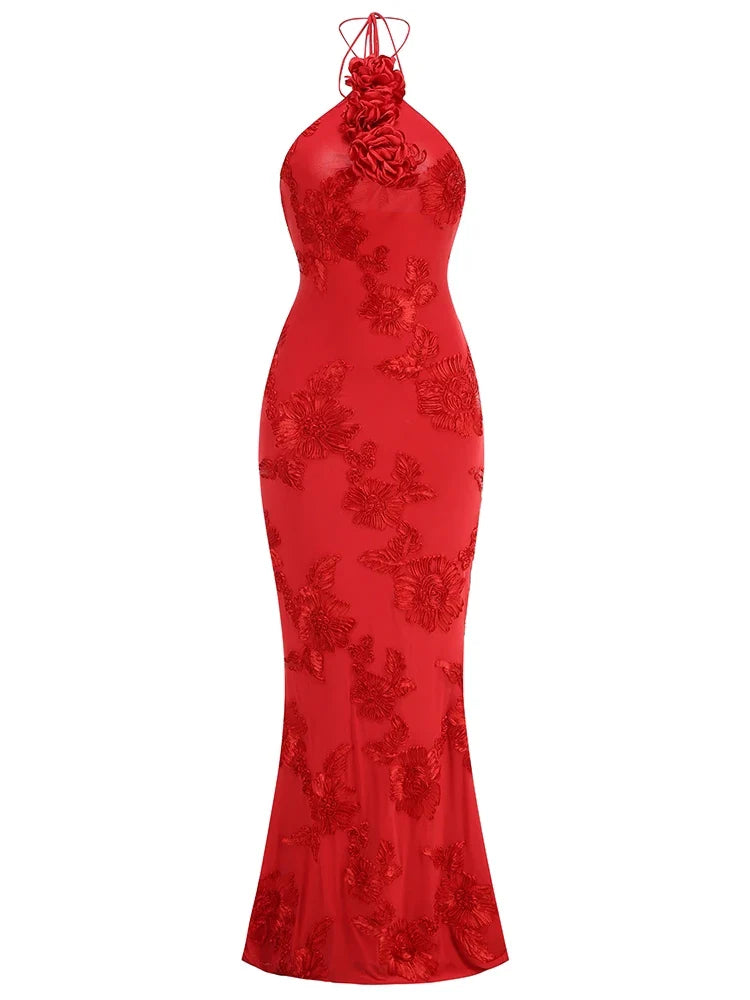 Red floral evening gown on a white background