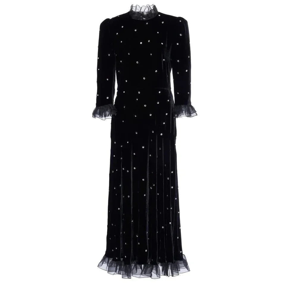 Black dress with silver embellishments on a white background