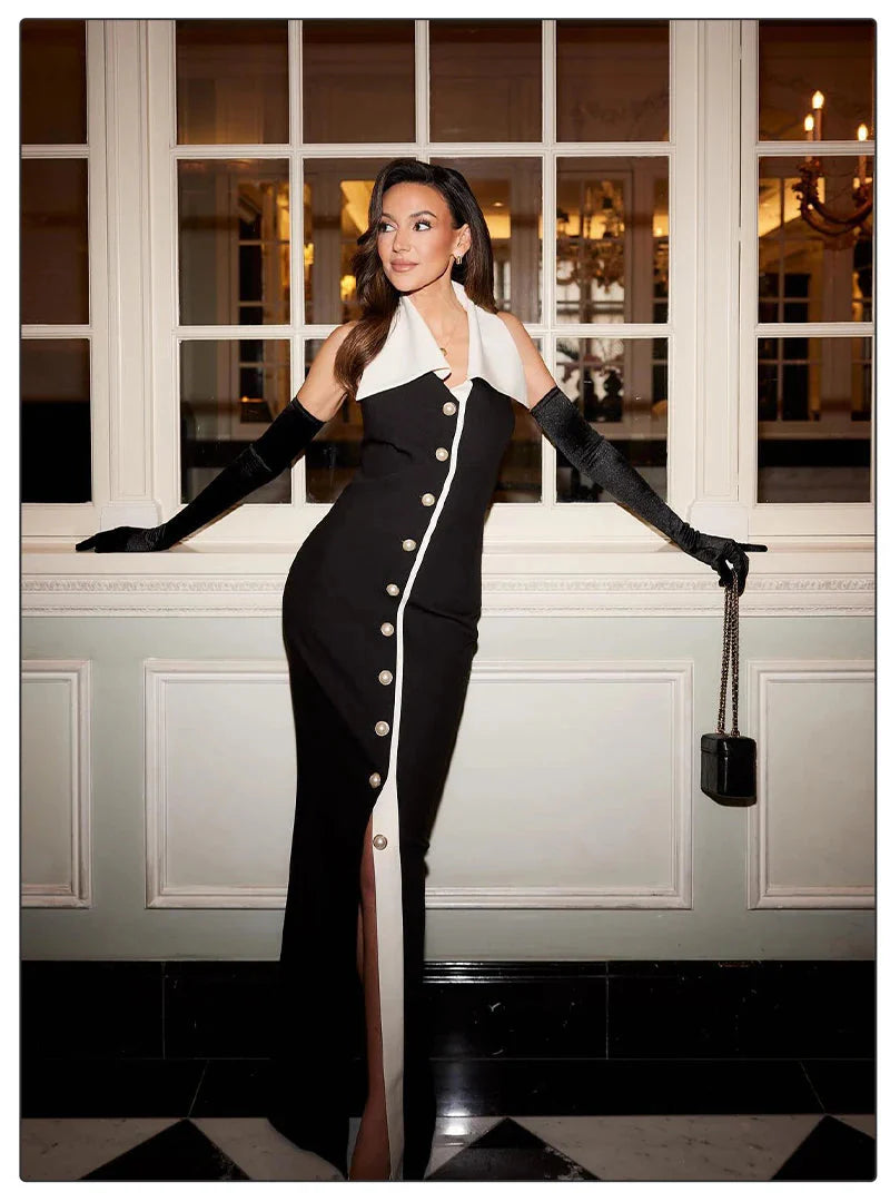 Contrast Collar Pearl-Button Column Evening Dress