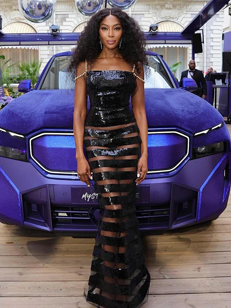 Black Sequin Mesh Strap Gown with Pearl Shoulder Chain