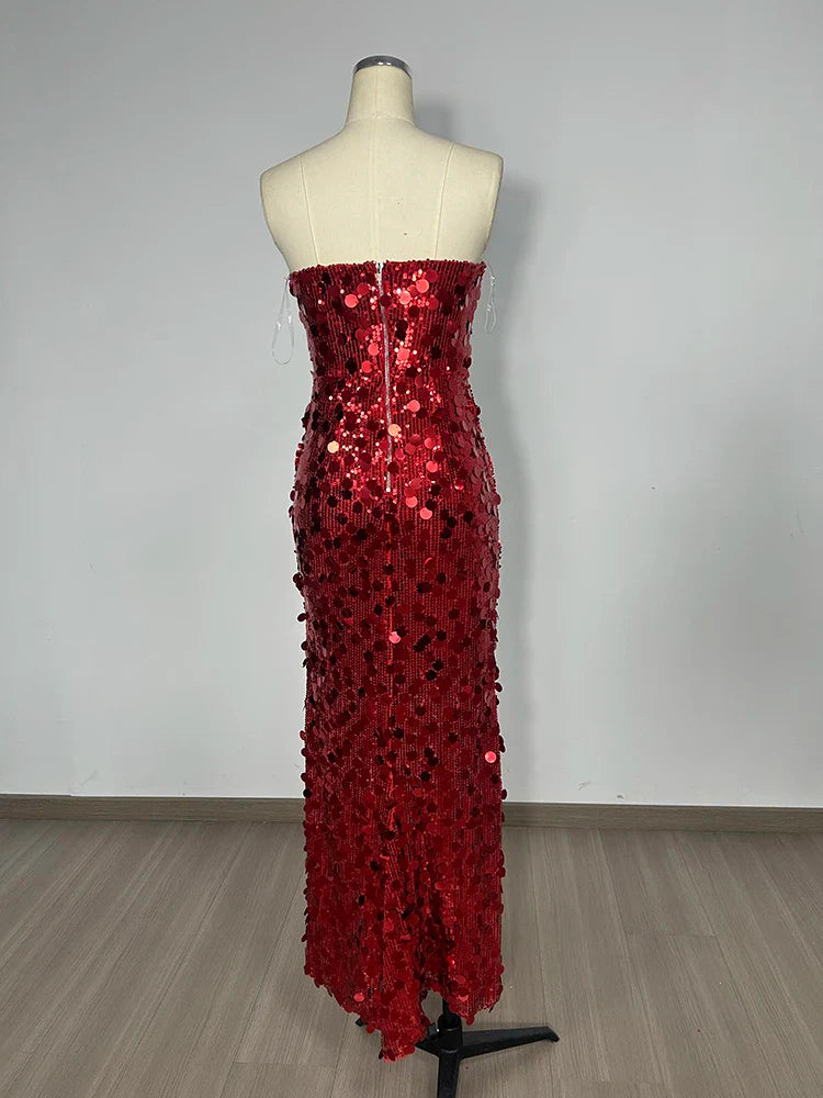Red Strapless Sequin Gown with Sculpted Sheath Silhouette