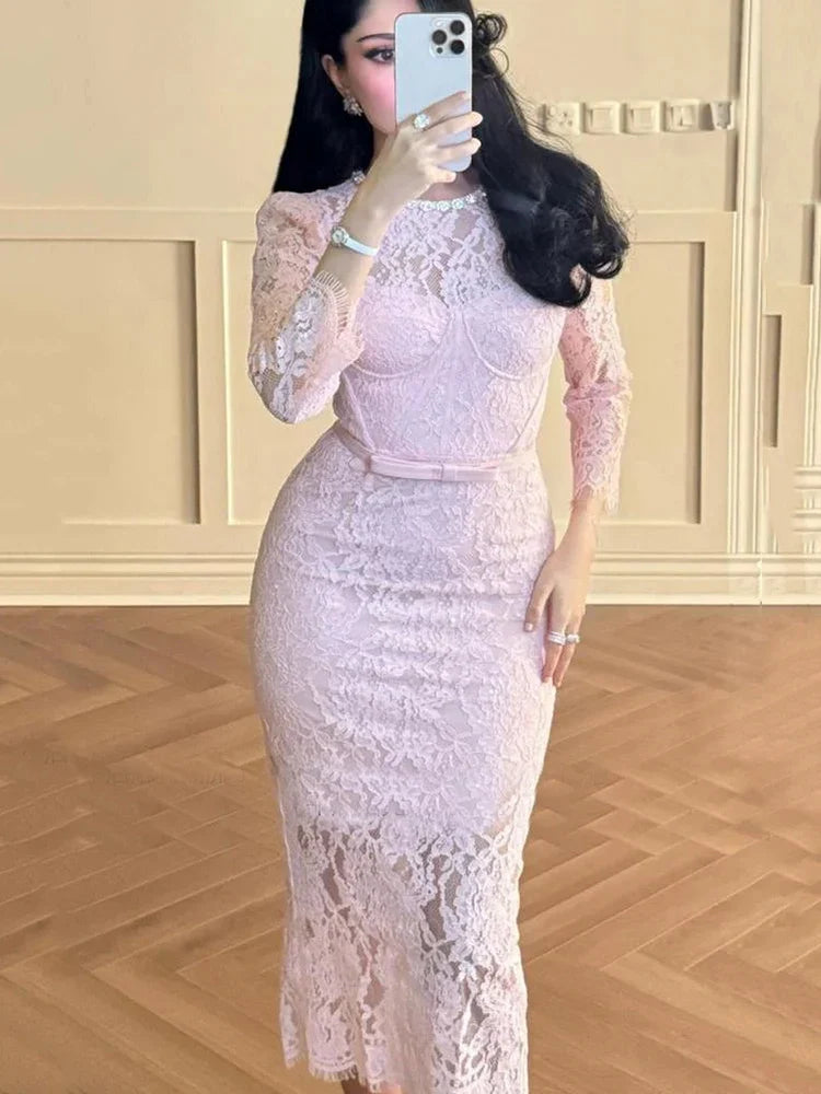 Pink Lace Long Sleeve Rhinestone Neck Bustier Midi Dress