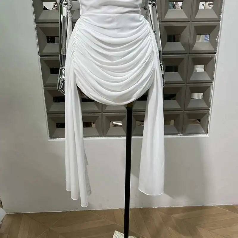 White Draped Off-Shoulder Mini Dress – Luxe Fluid Fabric & Sculpted Fit