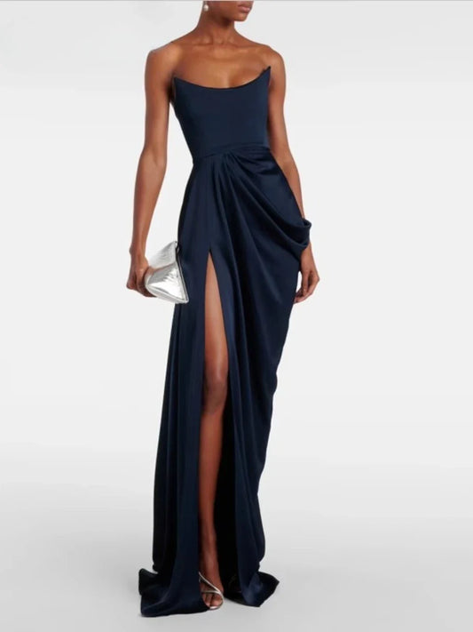 Blue Corset Drape Satin Maxi Dress