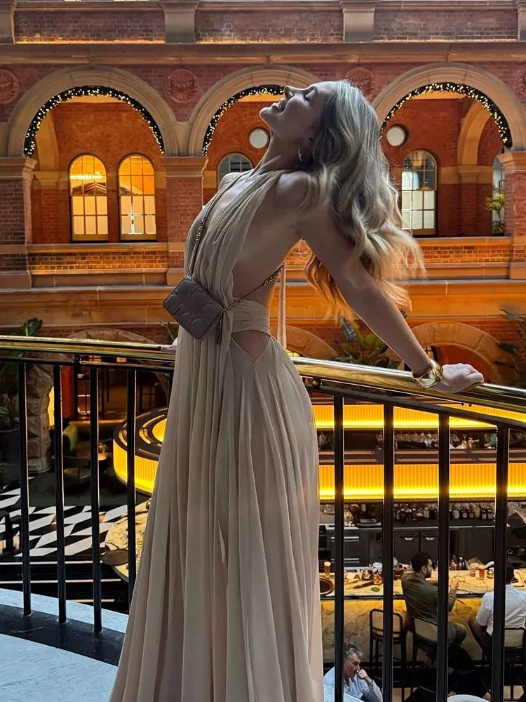 Apricot & Claret Deep V-Neck Backless Pleated Long Dress