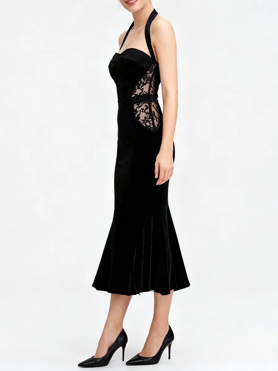 Black Mermaid Midi Dress with Side Lace Trim