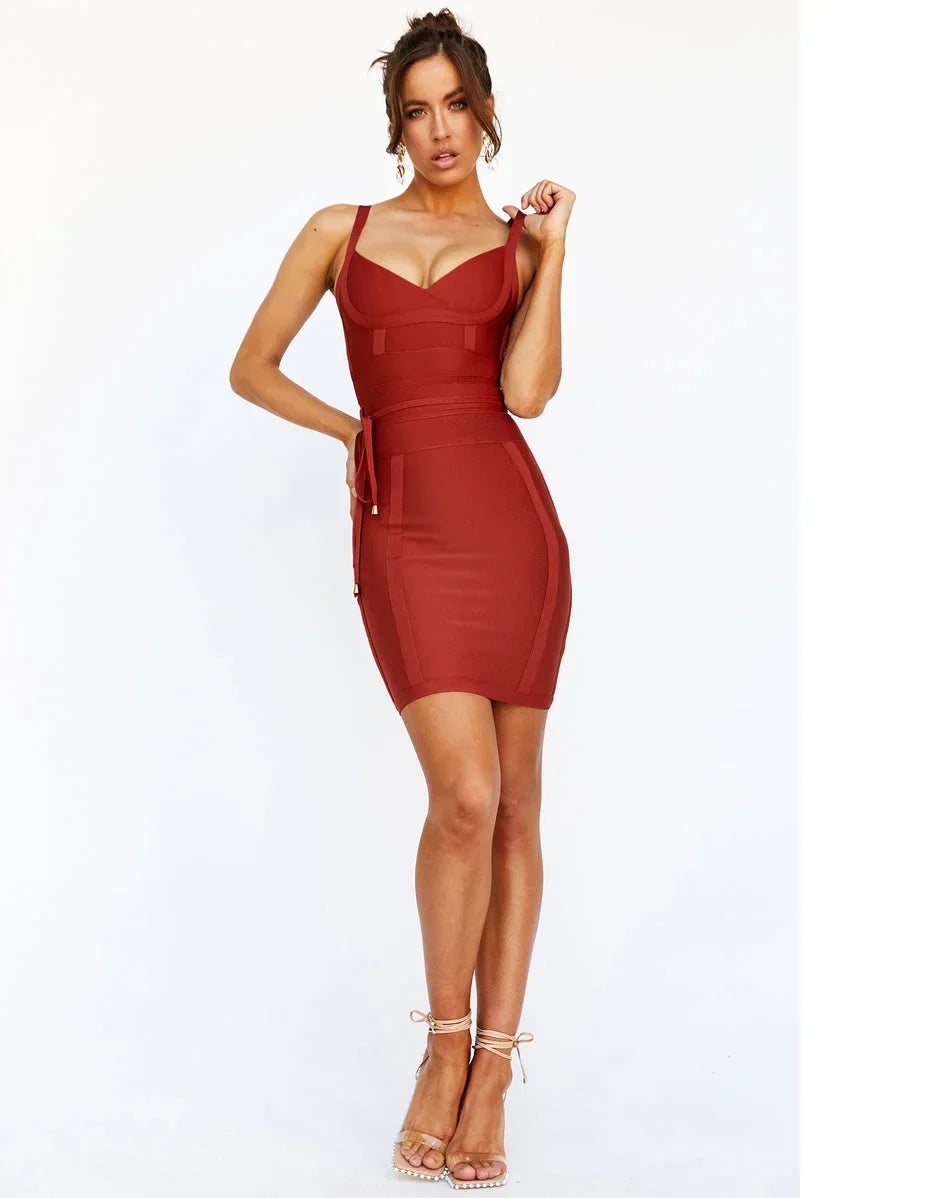Red Belt Bandage Midi Dress | Sash Detail Sculpted Sheath