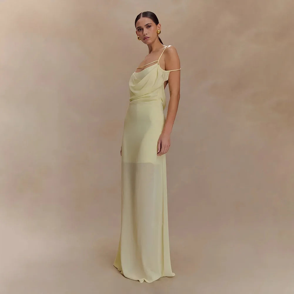 Solid Cowl Neck Chiffon Gown | Backless Tie-Flower Slip Dress