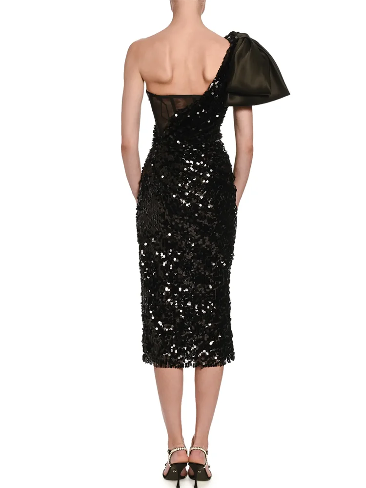Black One-Shoulder Sequin Midi Dress with Bow Detail