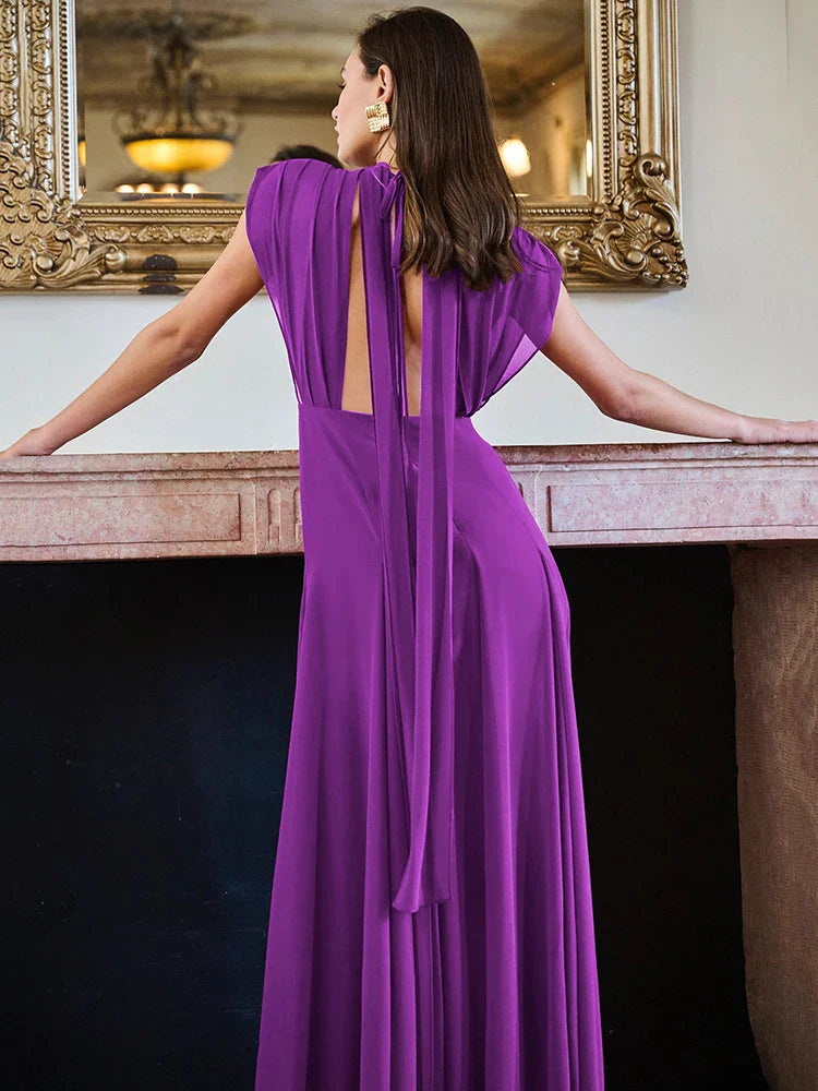 Purple Deep V Neck Scarf High Split Maxi Dress