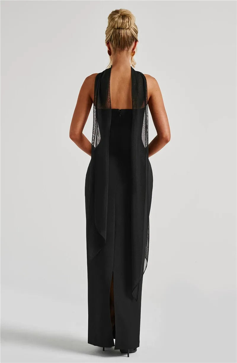 Scarf Collar Strapless Maxi Dress - Backless Bodycon Club & Party