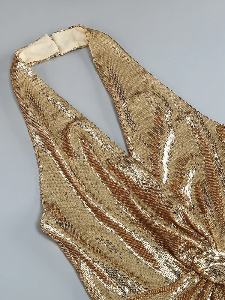 Gold Sequin Sleeveless V Neck Wide Leg Jumpsuit