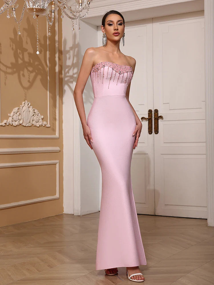 Pink Pearl Beaded Bandage Maxi Dress - Backless Evening Party Gown