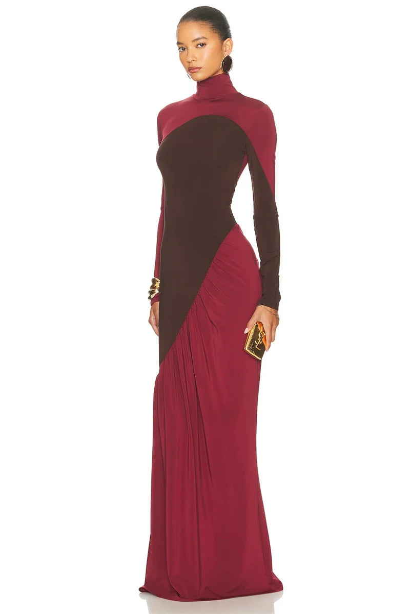 Turtleneck Long Sleeve Two Tone Pleated Maxi Dress