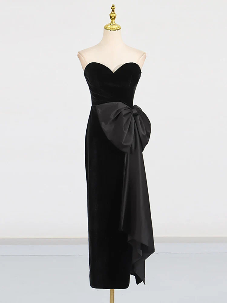 Black Velvet Strapless Bow Dress | Split Mid-Calf Evening Gown