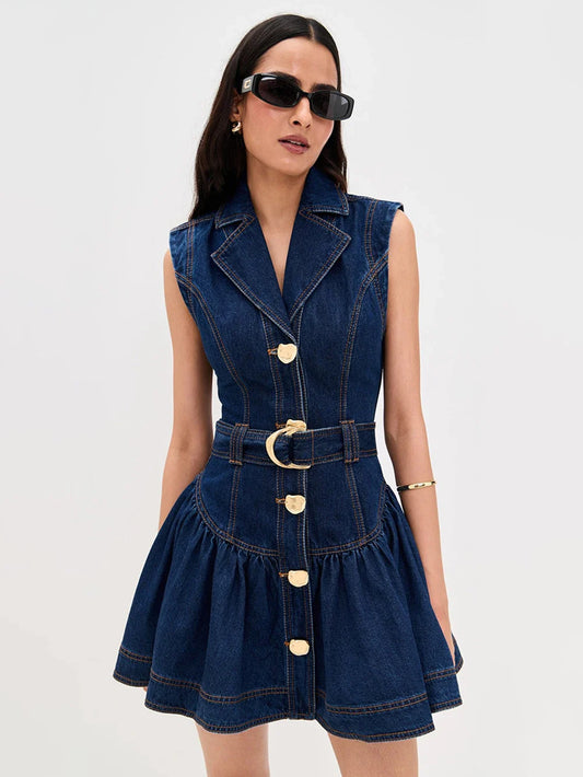 Denim Sleeveless Single-Breasted Belt Mini Dress