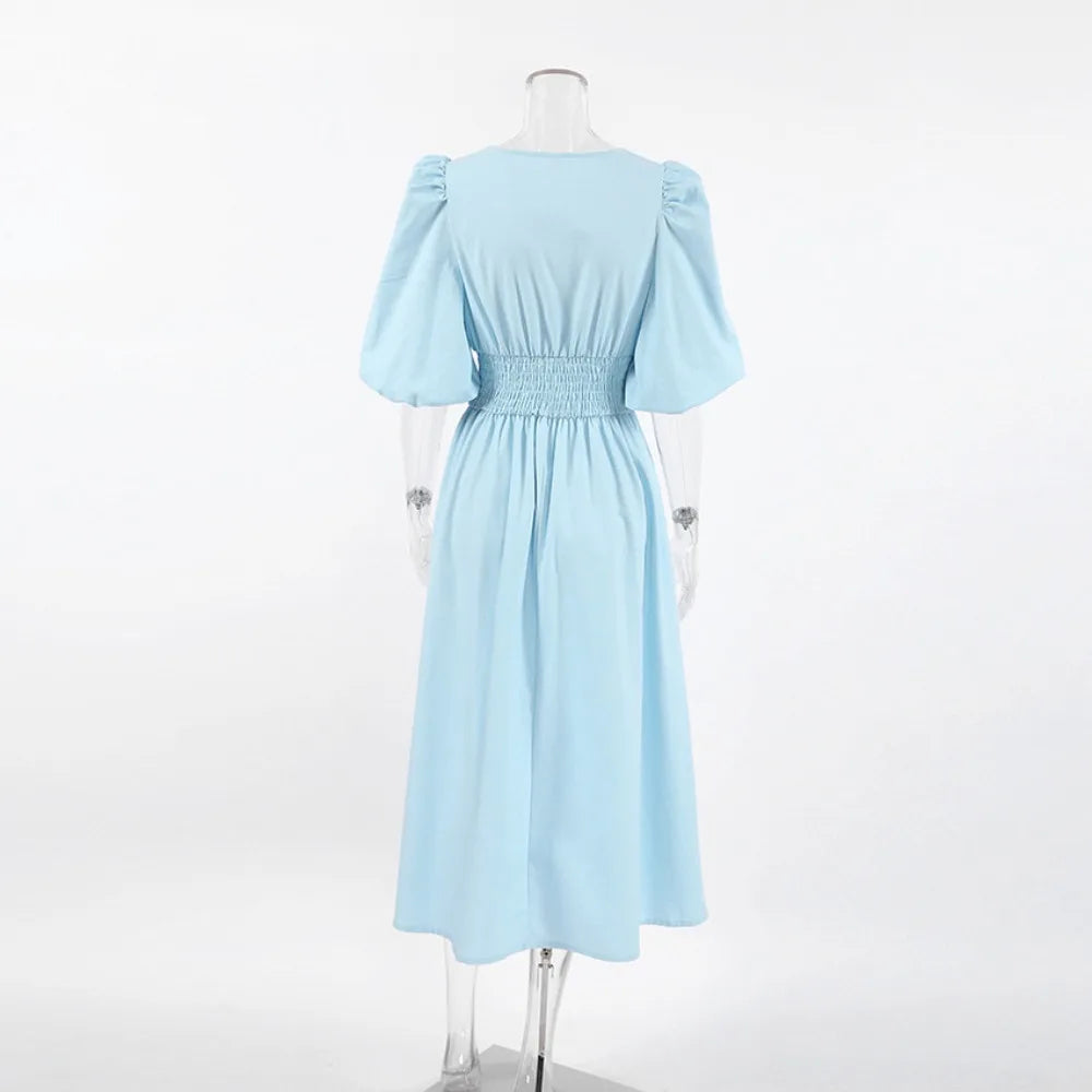 Light Blue A-Line Linen Dress | Lace-Up V-Neck Autumn Midi