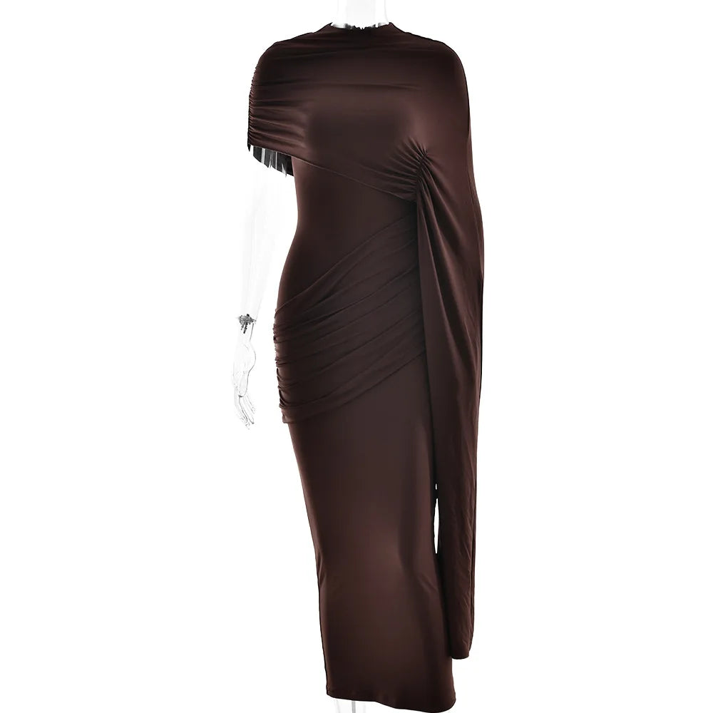 Brown Draped Stand-Neck Cape Sleeve Maxi Dress