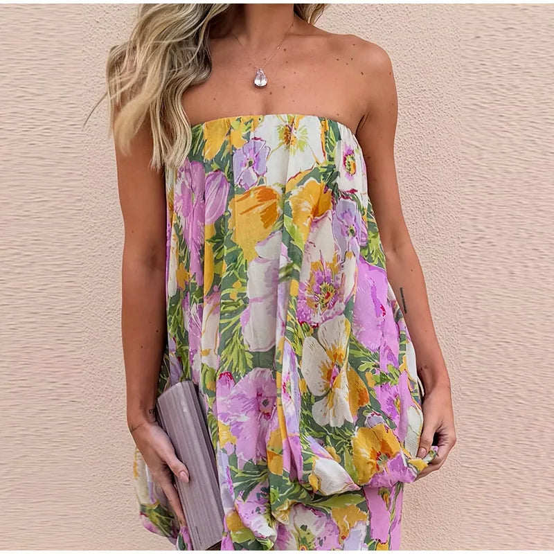 Strapless Floral Maxi Dress, Blouson Chiffon