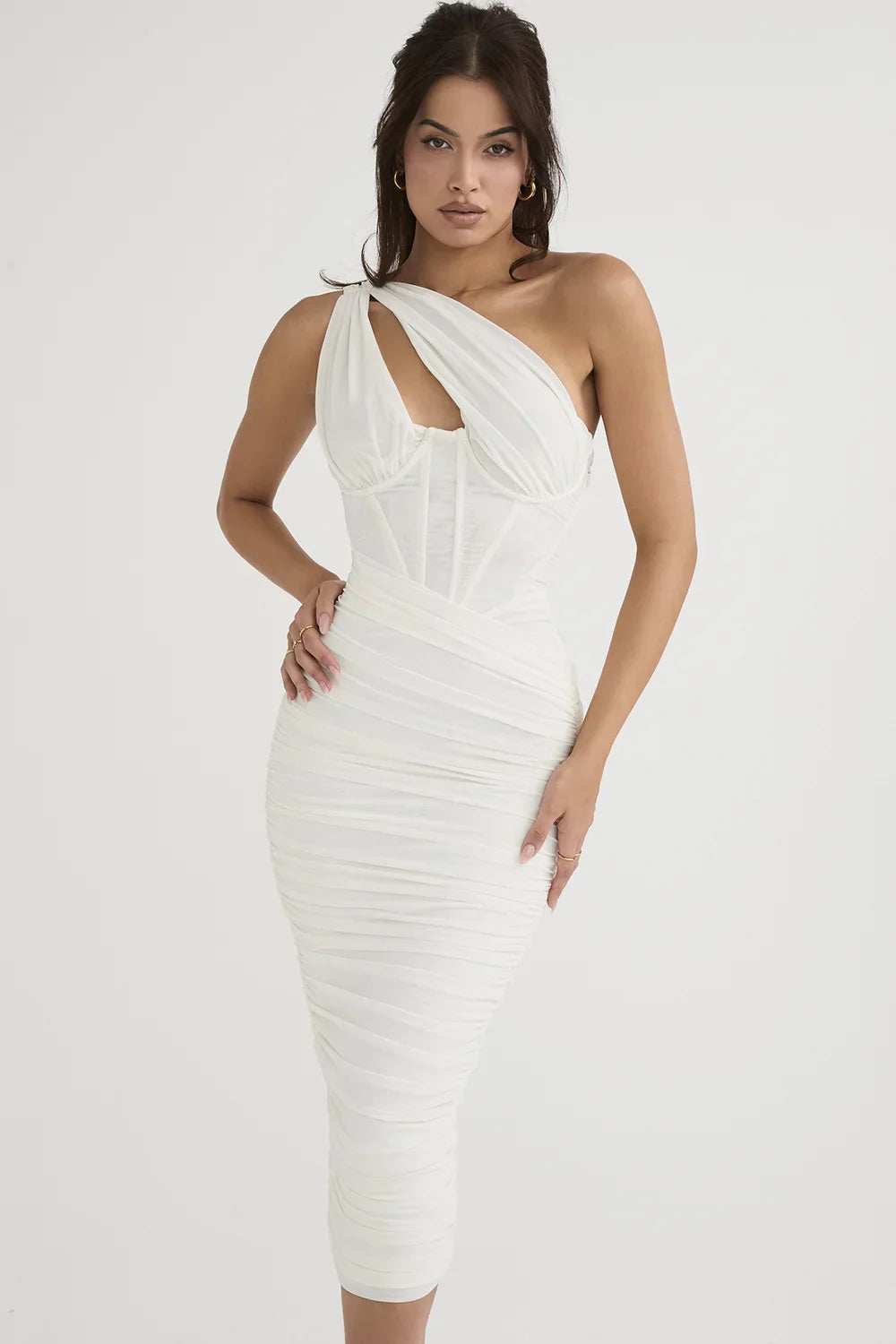 One-Shoulder Ruched Corset Midi Dress