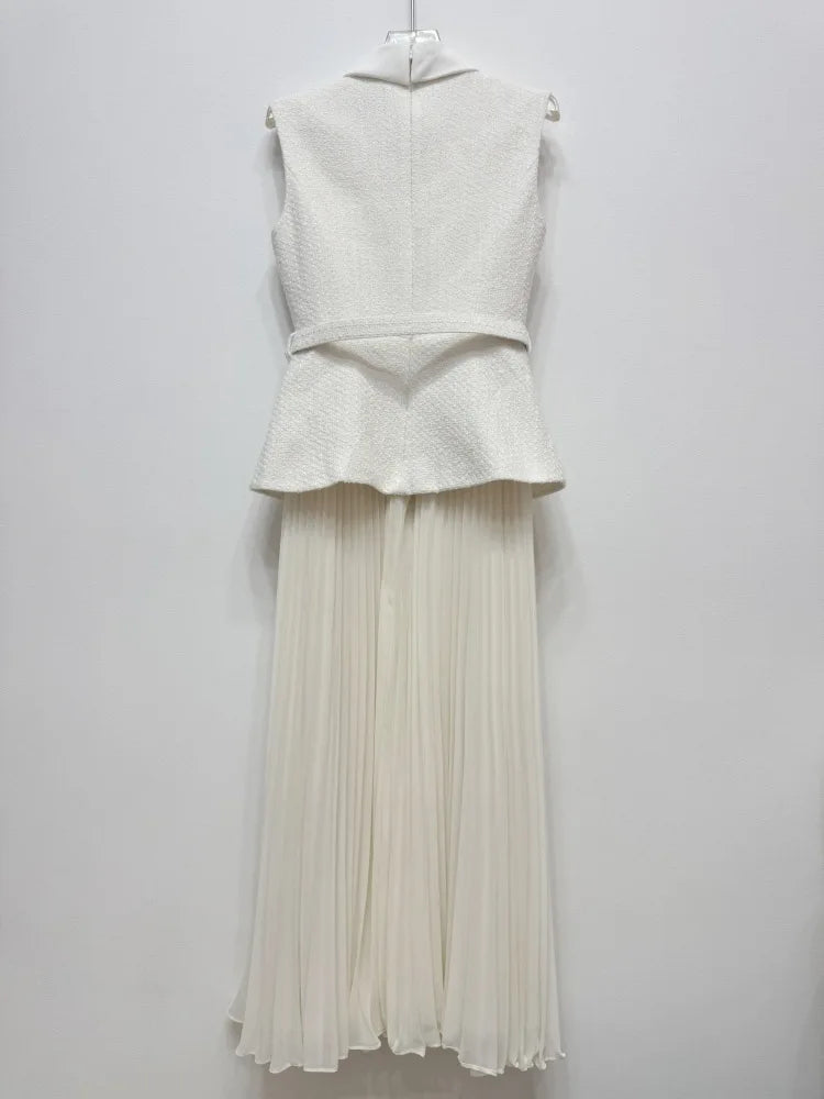 White Bow Pocket Tweed Chiffon Long Dress