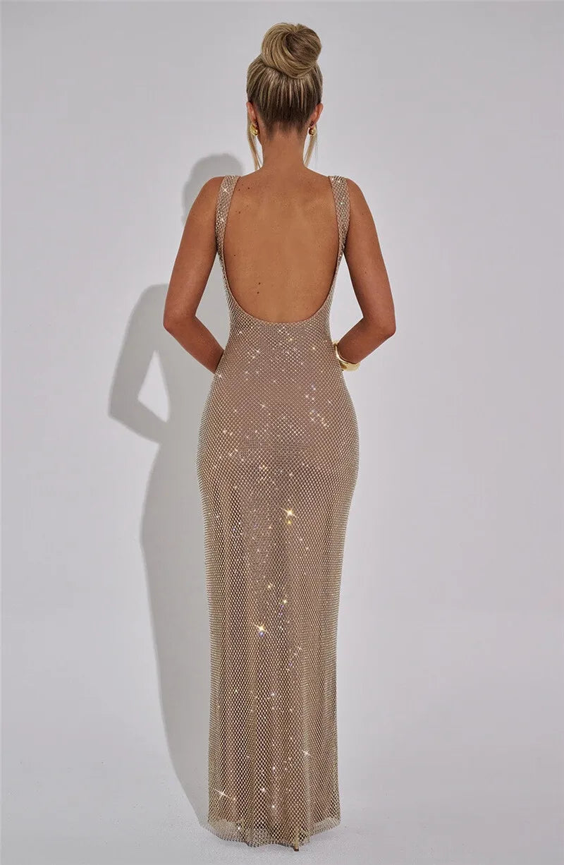 Sparkle Sequin Backless Maxi Dress – Sleeveless Club Gown with Square Neck