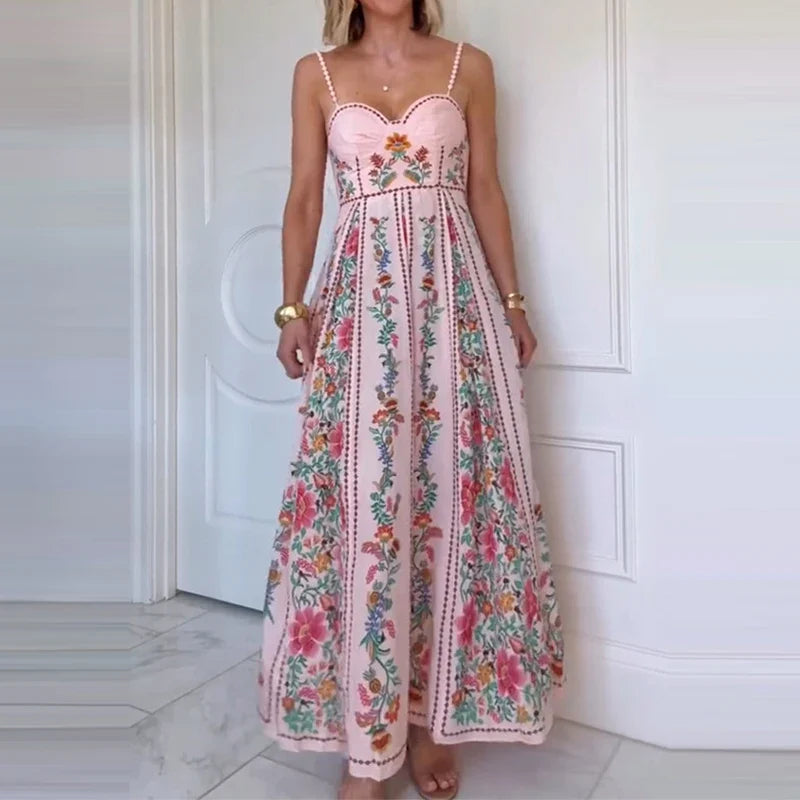 Floral Print Pleated Tube Top A-Line Maxi Dress with Low Cut Back