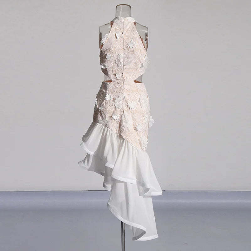 White Flower Embroidered Ruffles Halter Midi Dress