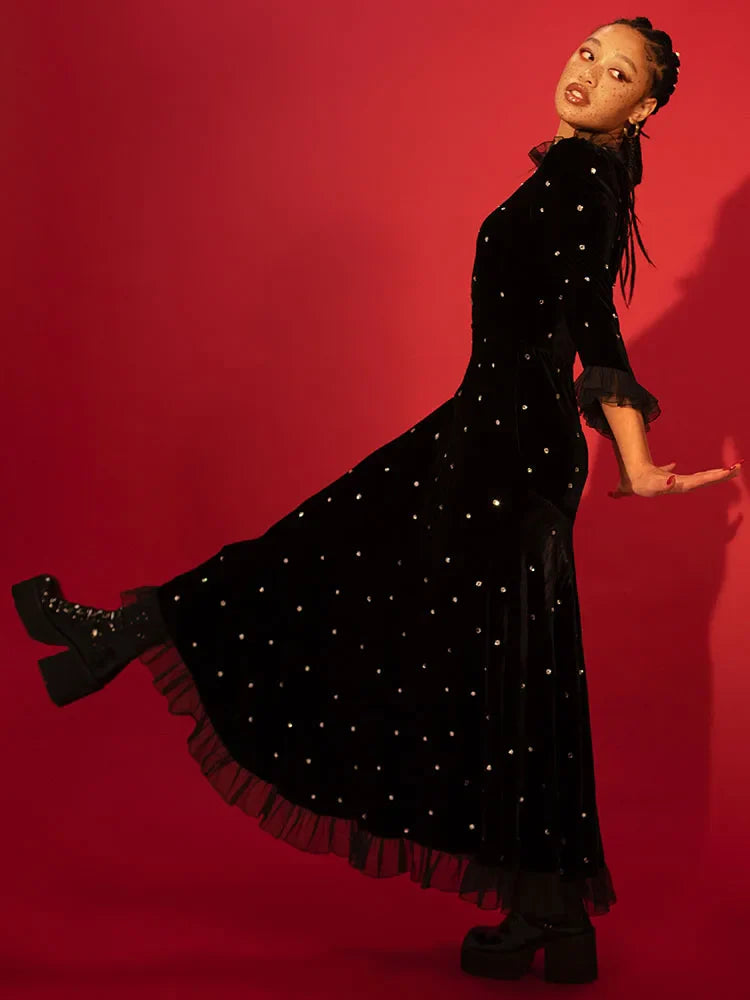 Black Velvet Crystal-Trim Long Evening Dress with Sheer Hem