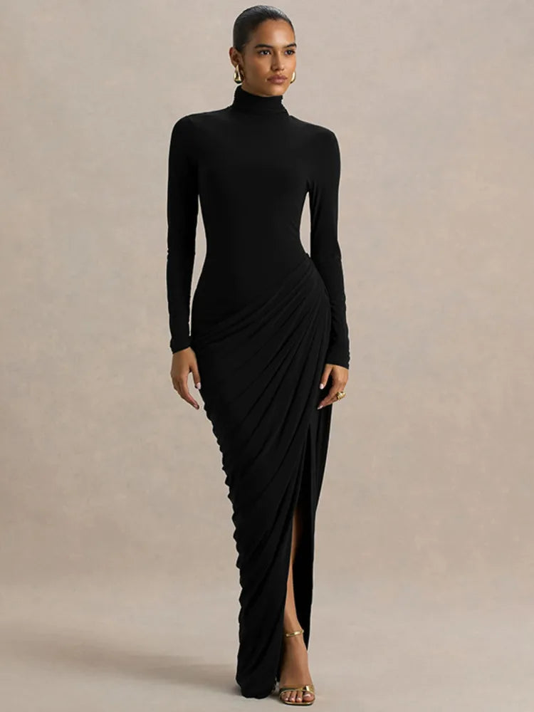 Turtleneck Long Sleeve Ruched Split Evening Maxi Dress