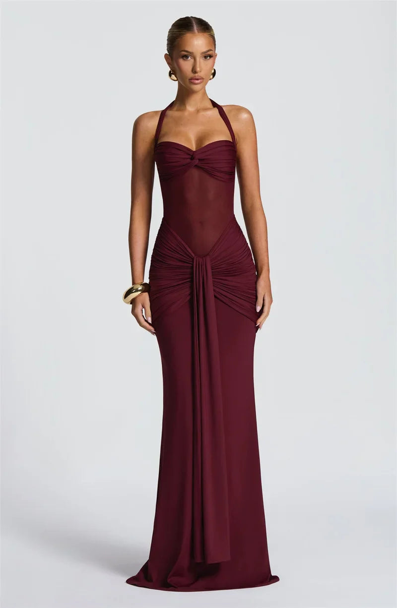 Halter Maxi Dress | Ruched Backless Club Gown