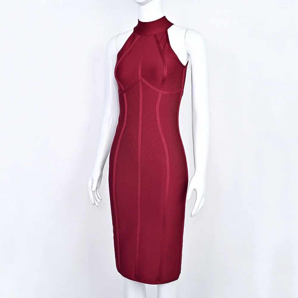 Sleeveless Wine Red Turtleneck Bandage Midi Dress | Sculpted Fit