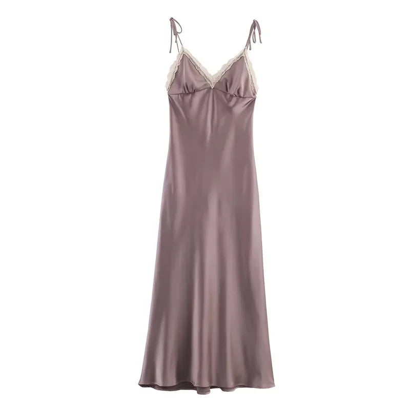 Mauve satin slip dress on a white background