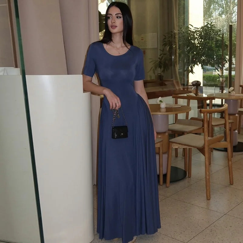 Yellow Short Sleeve Maxi Dress | High Waist Pleated Evening Style