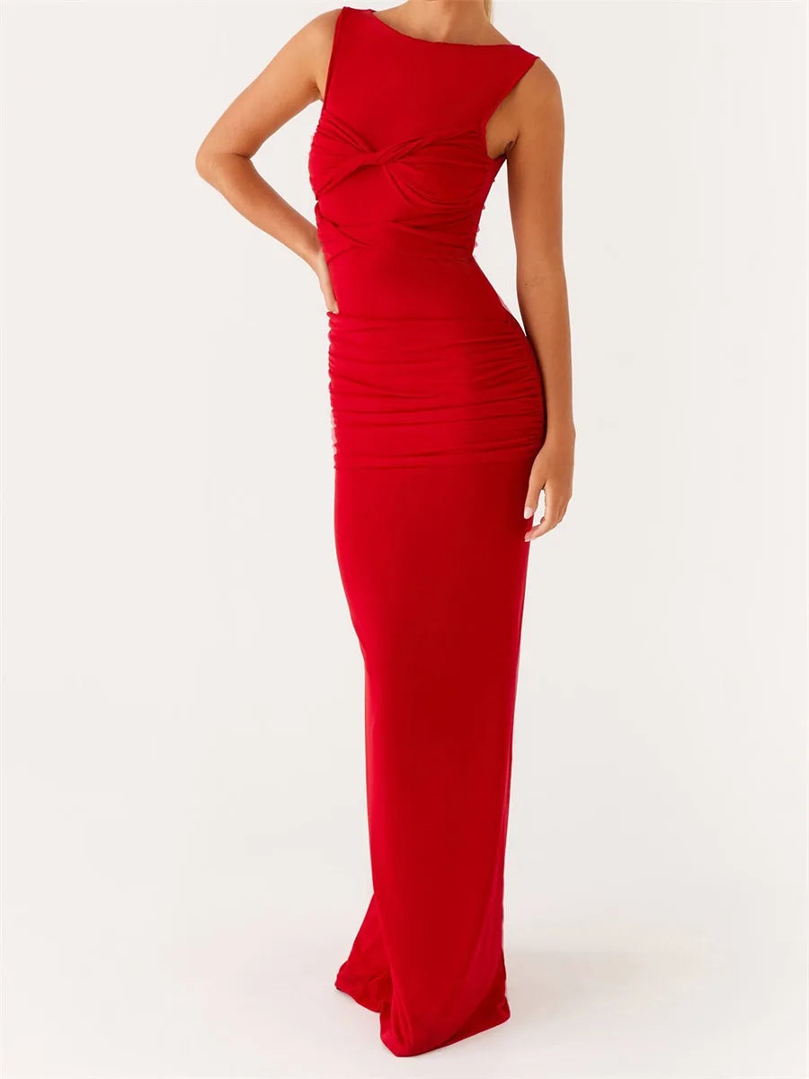 Red Twist Knot Sleeveless Maxi Dress – Elegant Y2K Ruched Gown