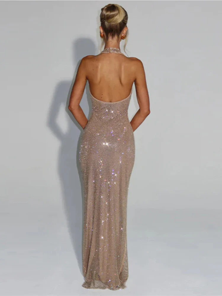 Deep V-Neck Sequin Fishtail Dress – Sleeveless Backless Beach Party Gown