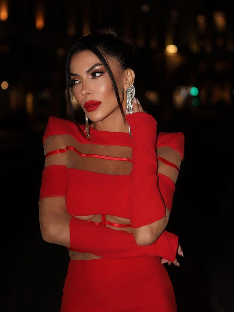 Black White Red Mesh Patchwork Dress | O Neck Long Sleeve